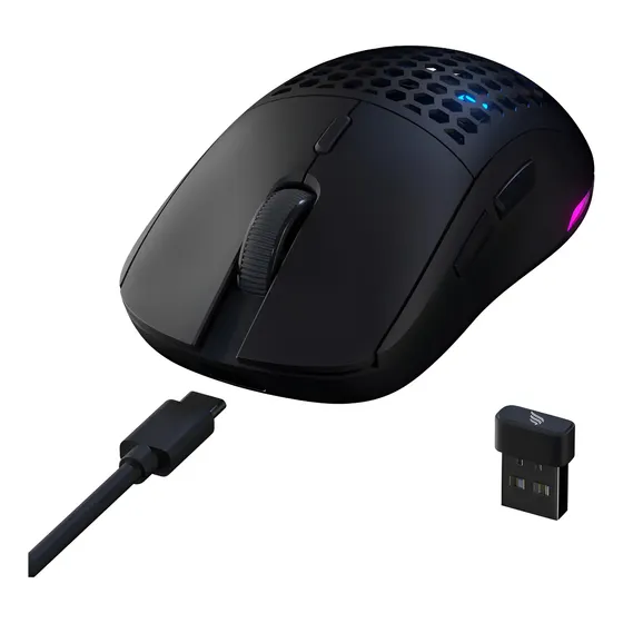 Mouse Gamer Fallen Pantera Pro Wireless Sem Fio Preto Com Led Rgb Pixart 3395 + 4 Capas