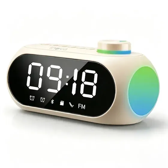 Caixa De Som Bluetooth Sem fio Inova Branco Com Despertador Rádio Fm Relógio Led Luz RGB