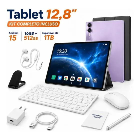 Tablet Android 15 Hancdon 512GB 16GB RAM 12.8" Kit Completo com Teclado e Caneta para Estudo e Trabalho Cor Roxo