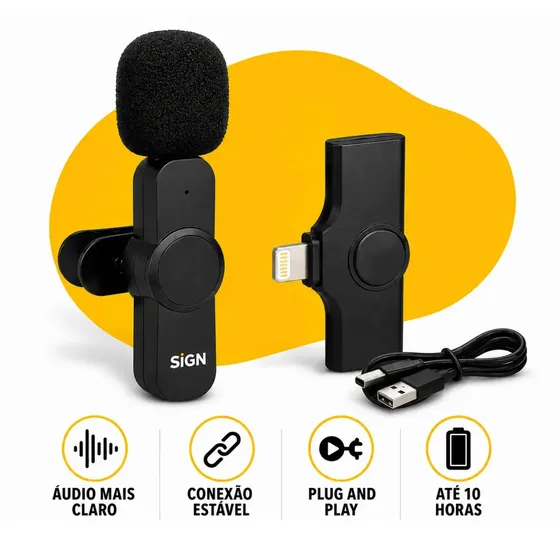 Microfone De Lapela Sem Fio Para Celular Com Receptor Lightning Compatível Com iPhone Profissional Gravação Live Aula Entrevista Cor Preto Sign