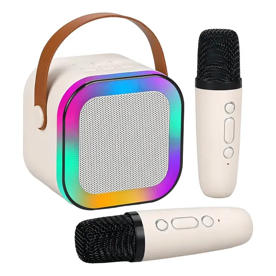 Caixa de Som Karaokê Portátil c/ 2 Microfones Bluetooth Haixia, Bege