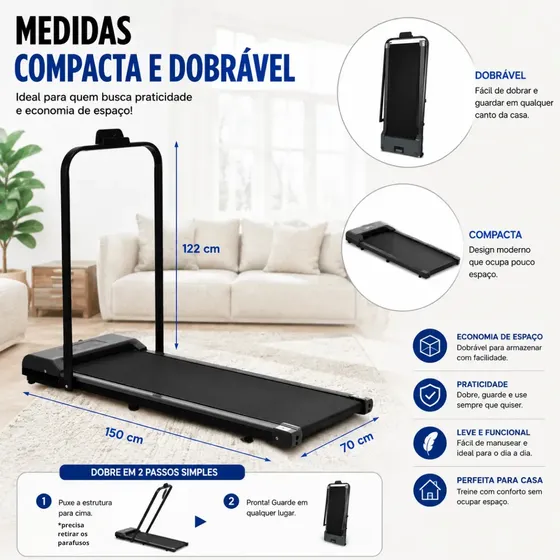 Esteira Elétrica Ergométrica Dobrável Residencial Caminhada Corrida 10km/h 100kg Compacta Para Casa Com Display Sevenfit
