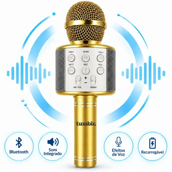Microfone Karaokê Bluetooth Sem Fio Caixa de Som Recarregável USB Portátil Com Efeitos de Voz Cor Dourado Tumblr Microfone Karaokê Bluetooth Sem Fio Caixa de Som Recarregável USB Portátil Com Efeitos de Voz Cor Dourado Tumblr