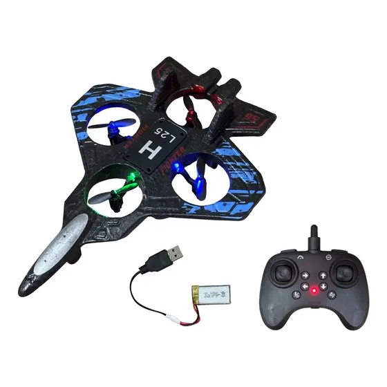 Mini Drone Infantil Avião Caça Importway BW590AZ Azul e Preto com Controle Remoto, Brinquedo Voador, Aeromodelo Infantil Compacto 24 x 15 cm, Drone de Brinquedo para Crianças, Presente