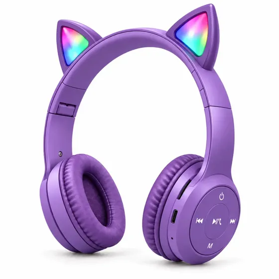 Headset Sem Fio Fone De Ouvido Bluetooth Cat Ear RGB Regulável Gamer Músicas Entrada P2 Mp3 Para Smartphone Pc Desktop Antek - Roxo