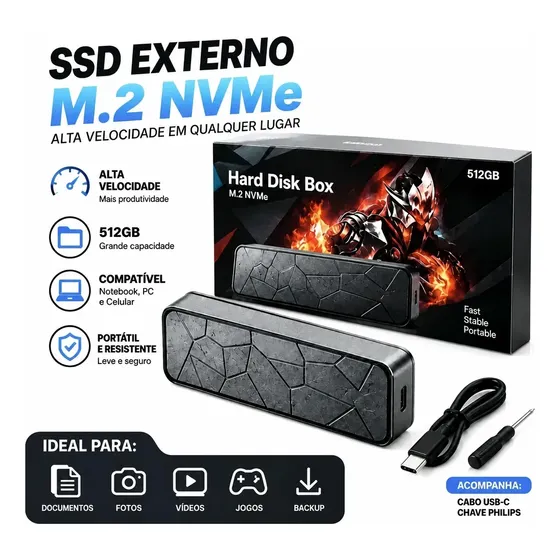 Ssd Hd Externo M.2 Nvme 512gb Tipo C Notebook Pc Celular
