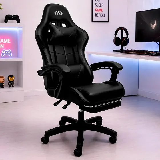 Cadeira De Escritório Gamer Ergonômica Reclinável com Apoio Para Pés Estofado Couro Sintético Altura Ajustável Cor Preto Oblivion Nienz