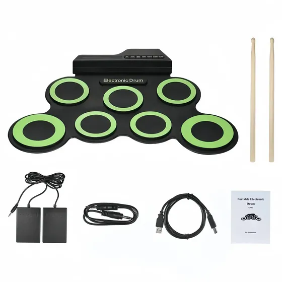 Bateria Eletrônica Enrolável Com Pedal Baquetas Verde