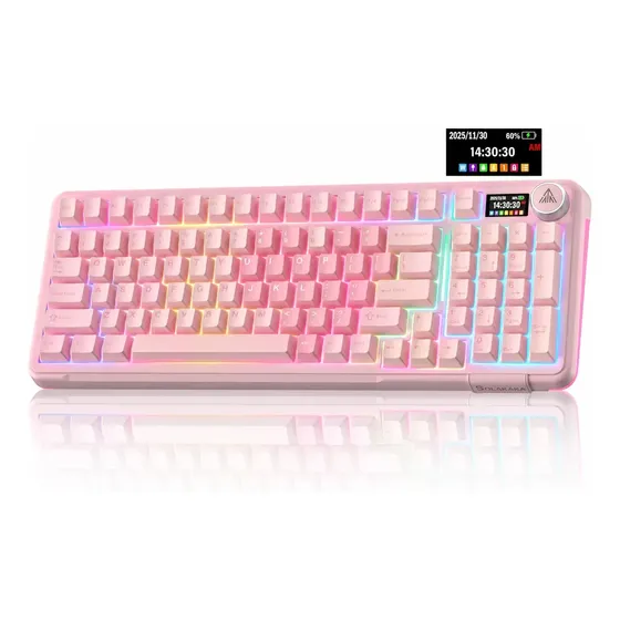 Teclado Mecânico Gamer Solakaka A99 Pro Sem Fio Tri-Modo RGB Rosa com Tela Personalizável