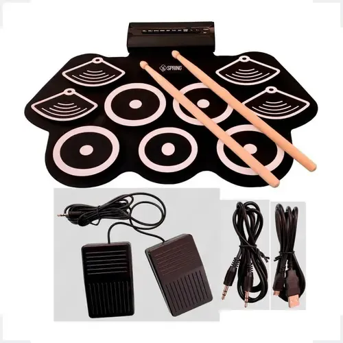 Bateria Eletrônica Portátil Spring 9 Pads Flexível Com Pedais E Baquetas