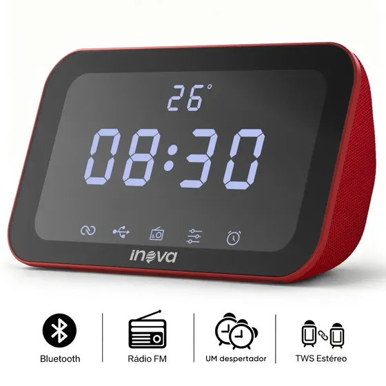 Caixa de Som Portátil Bluetooth Inova com Rádio FM, Relógio Digital e Despertador