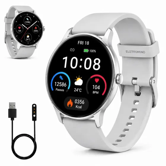 Smartwatch Inteligente Relógio À Prova Dágua Ip68 Bluetooth Resistente Agua Chamadas Redondo Monitoramento Sono Saúde Esporte Cinza Eletromind