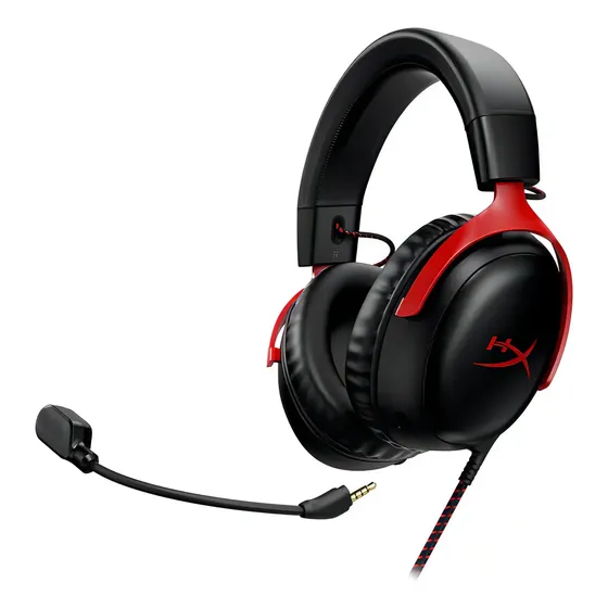 Headset Gamer HyperX Cloud III – Compatível com PC, PS5, Xbox Series X|S, Drivers Angulados de 53mm, Áudio DTS, Microfone de 10 mm, USB-C, USB-A, Fio de 3,5 mm, Vermelho e Preto (727A9AA)