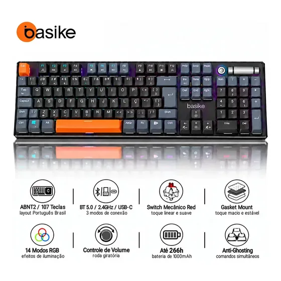 Teclado Mecânico Gamer Basike Tri-Mode Sem Fio, Switch Vermelho e Teclado Numérico, ABNT2 Português Com RGB Para PC e Mac – Cinza Chumbo
