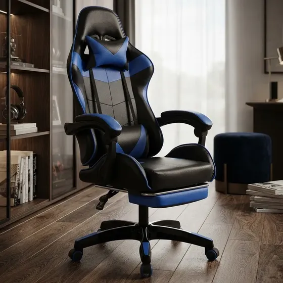 Cadeira Gamer Br Reclinável Com Apoio Para Pés Preto E Azul