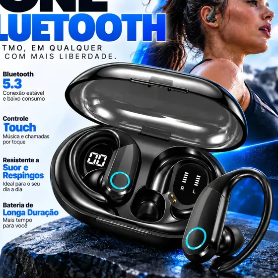 Fone de Ouvido Antek TWS Esportivo com Gancho e Bluetooth 5.4 Resistente à Água