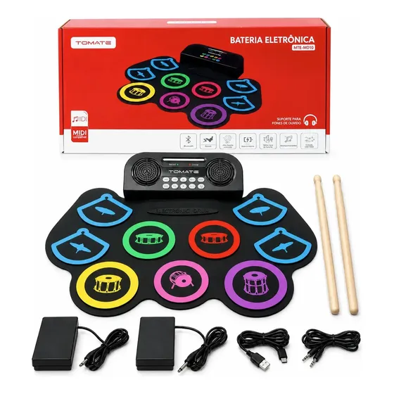 Bateria Eletrônica Drum Portátil Bluetooth Recarregável