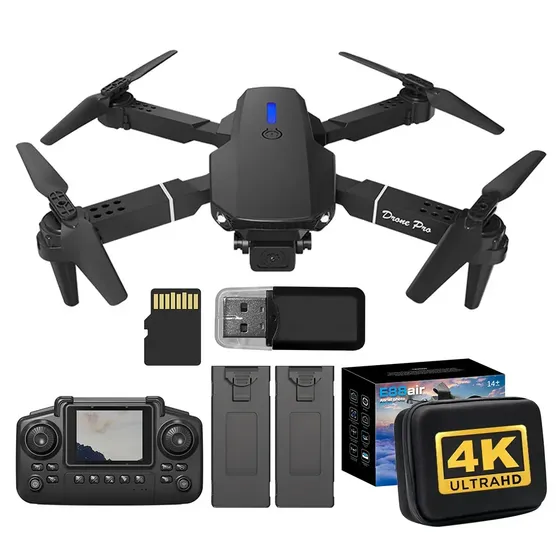 Mini Drone E88 Air tela de 2,4 polegadas, controle remoto e protetor de hélices com 2 Câmeras e 2 Baterias Preto Presentes para crianças