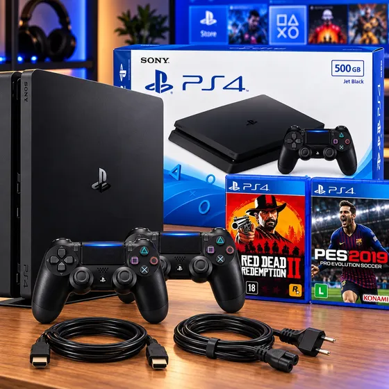 Playstation 4 Ps4 Slim 1 Tb + 2 Controles + 2 Jogos