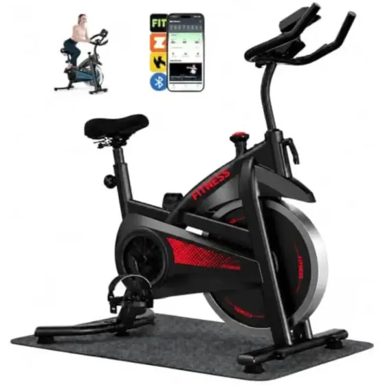 Bicicleta Ergométrica Spinning Profissional Vaceli Bluetooth App Volante 12kg Suporta 150kg Monitor LCD Sensor Cardíaco Pedal Antiderrapante Silenciosa Resistência Ajustável Tapete Incluso Vermelha