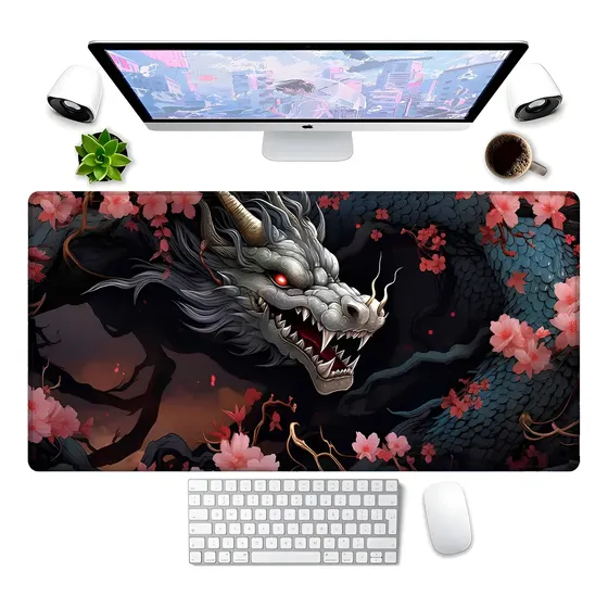 Mouse Pad Dragão 90x40cm Chinês Rosa Premium Grande