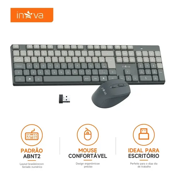 Kit Combo Teclado E Mouse Inova Cases Sem Fio Abnt2 2.4G Usb Teclas silencioso combo Para Pc E Notebook Windows mac Plug and play com teclado numérico Trabalho Estudos Home Office e Jogos Cinza