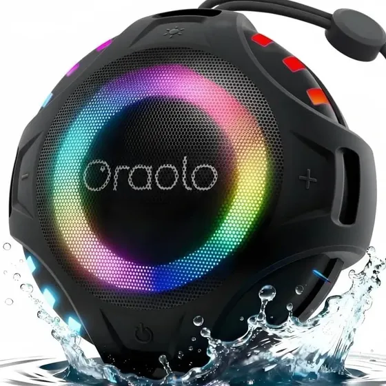 Caixa De Som Bluetooth Portátil 15w Oraolo Bs15 Com Luz RGB,10 Horas De Reprodução,Caixinha Som Portátil Ipx7 Para Piscina,Banheiro e Área Externa Preto