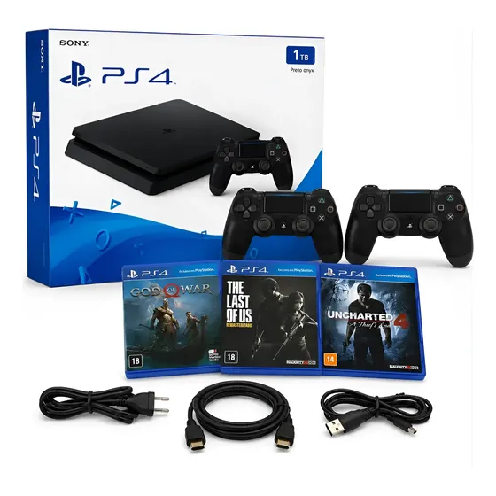 Sony Ps4 Slim 1tb Playstation 4 + 2 Controles + 3 Jogos