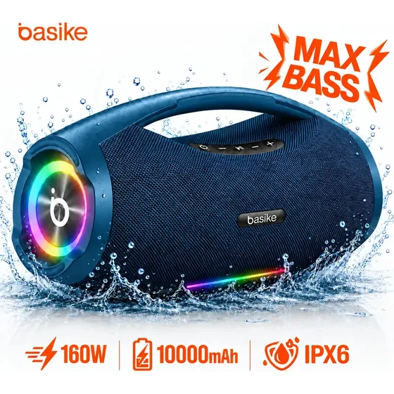 Basike Caixa De Som Boombox Plus 160w 10000mah Bluetooth Sem fio Portátil IPX6 À Prova D'água Hifi Com TWS RGB TF AUX Bass Forte Alto Falante Aparelho de Som Bombox Soundbox Para Casa Festa - Azul