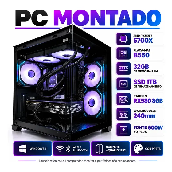 Pc Gamer Aquário Ryzen 7 5700x 32gb Ssd 1tb Windows 11