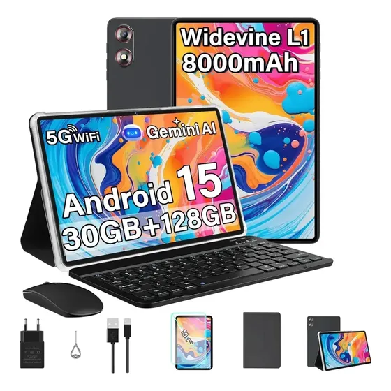 Tablet Fezawio F12 Android 15 10 Polegadas 30Gb Ram+128Gb Rom/tf 2 Tb Gemini Ai,5GWiFi, Wi-Fi 6,Octa-core 2.0 Ghz, Desbloqueio facial, Widevine L1, com Capa Teclado E Mouse