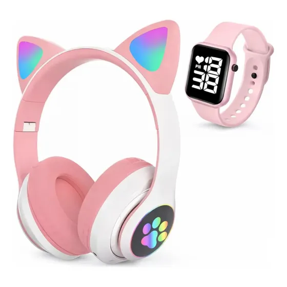 Fone De Ouvido Orelhas Gatinho Bluetooth + Relógio Brinde