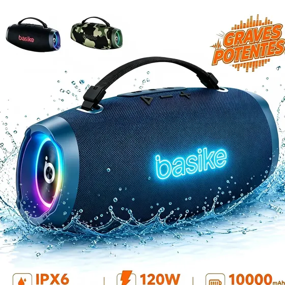 Caixa de Som Portátil Basike 120W Bluetooth Com Grave Potente, TWS e RGB