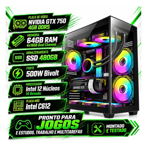 Pc Gamer Montado Cpu Intel 12 Núcleos 64gb Ram Ssd 480gb W11