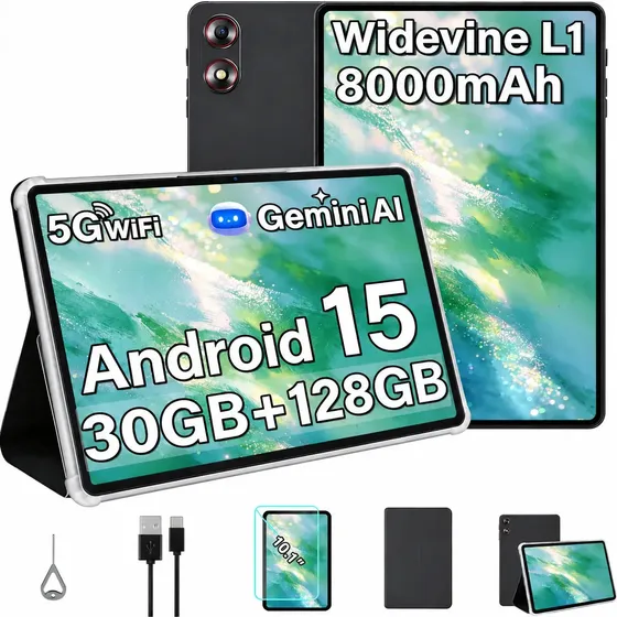 Tablet Fezawio F12 Android 15 10 polegada 10 Pol 30GB RAM 128Gb Rom (2tb Tf) Gemini Ai Wi-fi 5G, Octa-core, Bateria De 8000 Mah, Bluetooth 5.0, Con Protetor De Tela, Cabo De Dados, Capa Proteto