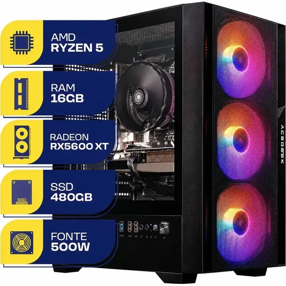PC Gamer MCL, AMD Ryzen 5 5500, Radeon RX 5600 XT 6GB, 16GB DDR4, SSD 480GB, Fonte 500W 80 Plus