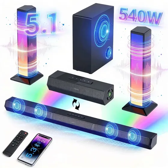 Soundbar Gaonas 5.1 com Subwoofer Sem Fio para TV, Home Theater 540W e Bluetooth 5.3 Soundbar Gaonas 5.1 com Subwoofer Sem Fio para TV, Home Theater 540W e Bluetooth 5.3