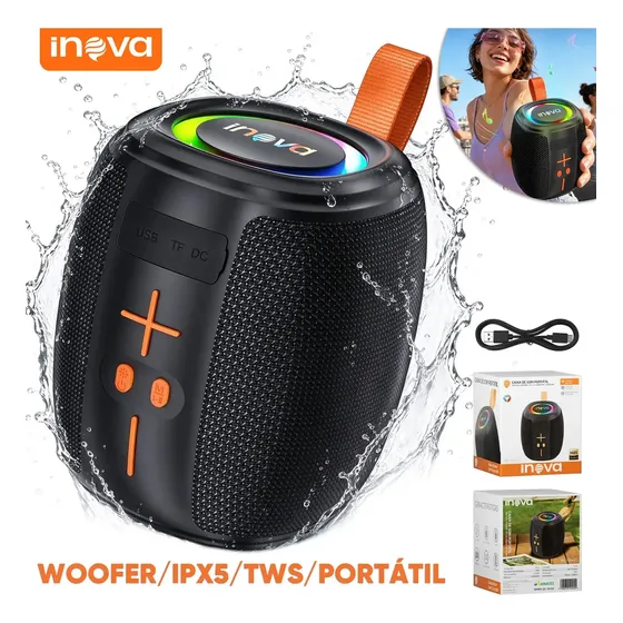 Caixa de Som Portátil Inova Bluetooth c/ Rádio FM e Luzes RGB