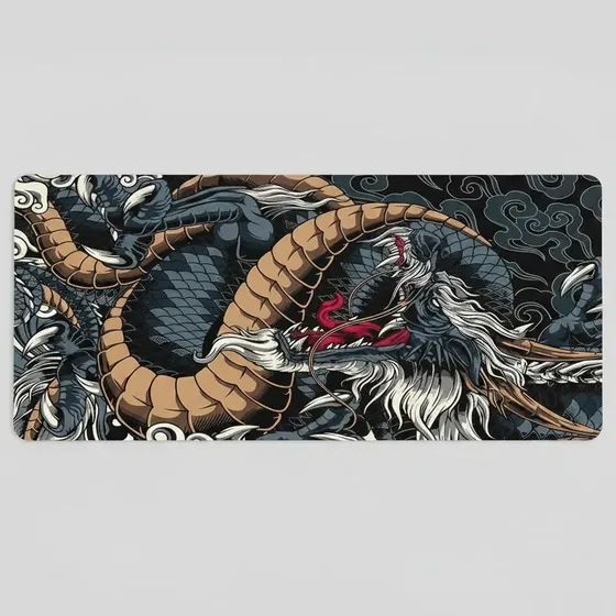 Mouse Pad Dragão 90x40cm Chinês Azul E Marrom Premium Grande