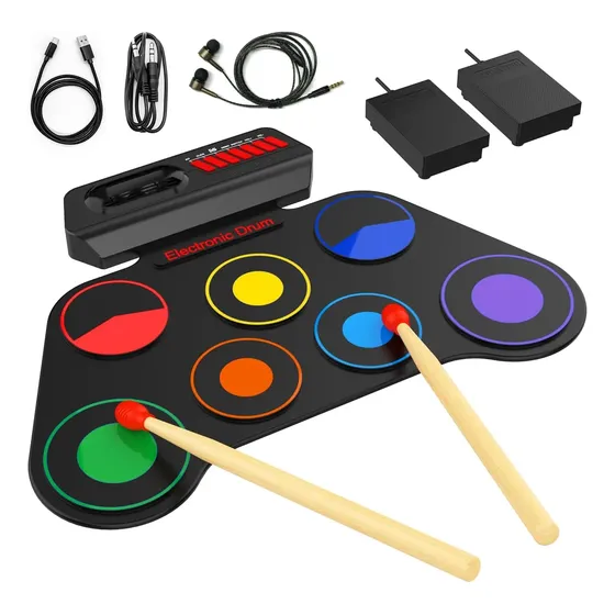 Kit De Bateria Eletrônica Portátil Para Crianças, 7 Almofada