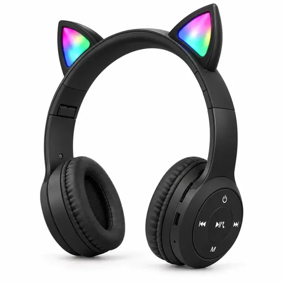 Headset Sem Fio Fone De Ouvido Bluetooth Cat Ear RGB Regulável Gamer Músicas Entrada P2 Mp3 Para Smartphone Pc Desktop Antek - Preto