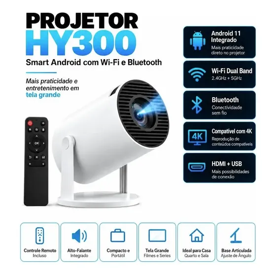 Projetor Portátil Hy300 Smart Android Wi-fi Bluetooth 4k