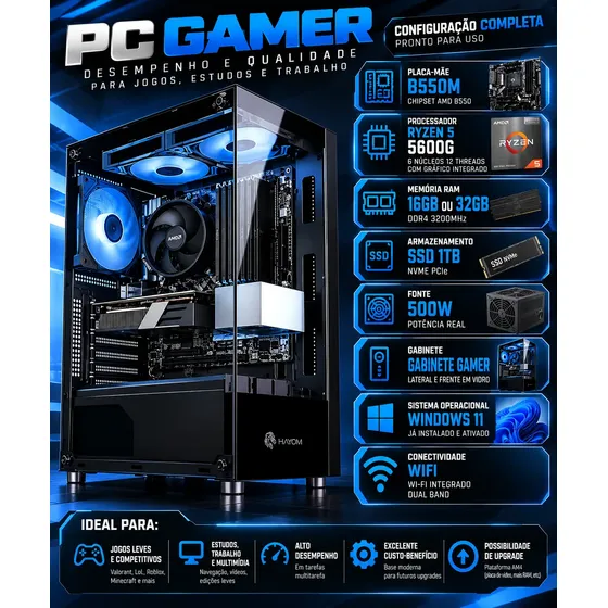 Computador Gamer Ryzen 5 5600g B550m 16gb Ssd 1tb
