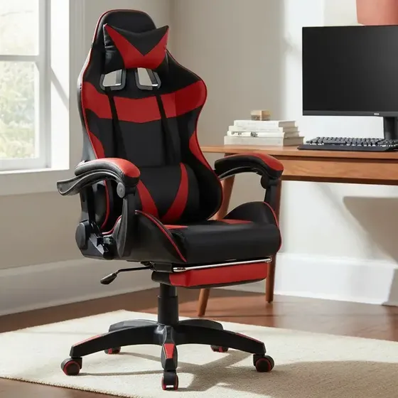 Cadeira Escritório Gamer Ergonômica Giratória Reclinável Cor Vermelho Material do estofamento Couro sintético