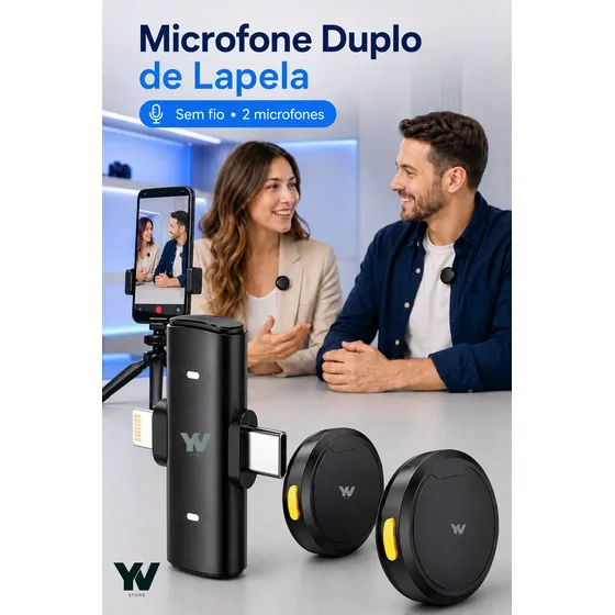 Microfone Lapela Duplo Sem Fio Anti Ruído iPhone E Tipo C