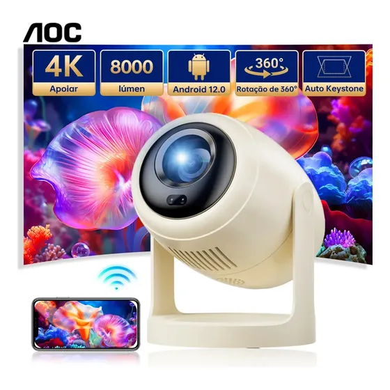 Mini Projetor AOC Portátil Com Wi-Fi 6 e Bluetooth 5.0 Para 4K e Android 12