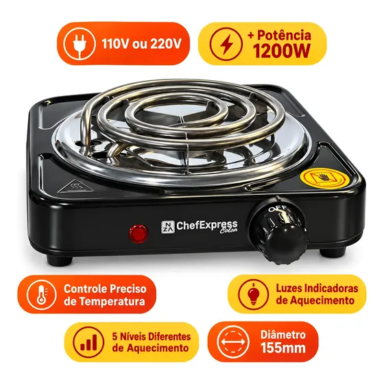 Fogão Elétrico 1 Boca 1200w Portátil Cooktop Chefexpress