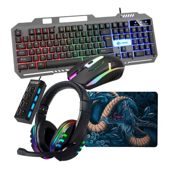 Kit Teclado Mouse Gamer Mecanico Fone Headset Mousepad Hub