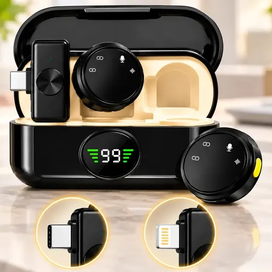 Microfone de Lapela Dinâmico Sem Fio Duplo para iPhone e Android com Cancelamento de Ruído