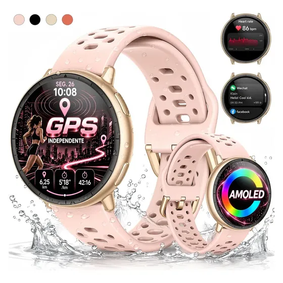 Relógio Inteligente Smartwatch NOVANTE Masculino Feminino Esportivo IP68 5ATM Impermeável Chamadas Bluetooth Notificações Instantâneas 1.32" Amoled 300mAh 10Dias Hibrido Pulseira Medir Pressao Rosa